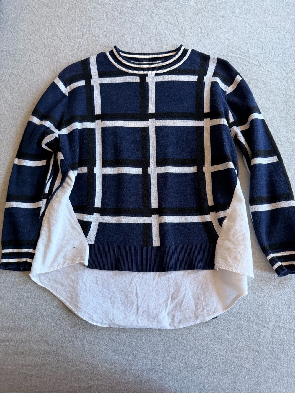 Endless Rose Navy and White Windowpane Crewneck Sweater with Shirt Hem